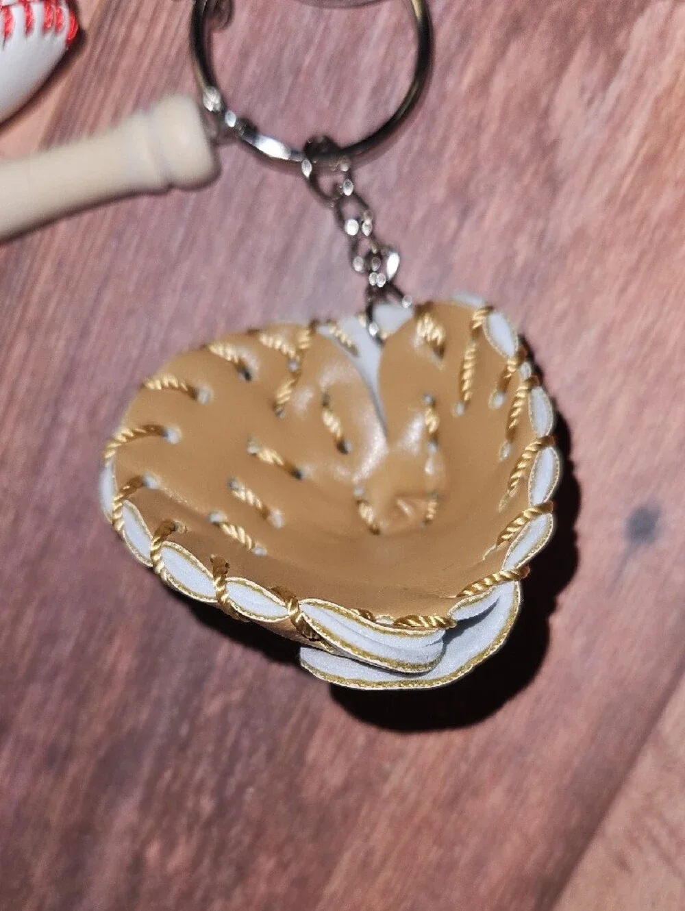 Baseball Keychain with Glove, Ball & Bat - Brown/White - Picture 6 of 8